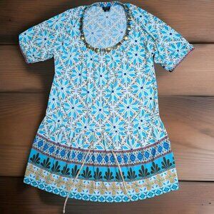 Nicole Miller Blue Boho Aztec Beaded Embellished Neck Floral Dress Large Ruffled